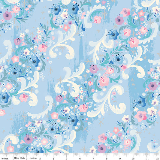 Wishes Cindy Flowers Frost Blue Sparkle Jill Howarth Riley Blake Cotton Fabric RB-SC18074-FROST