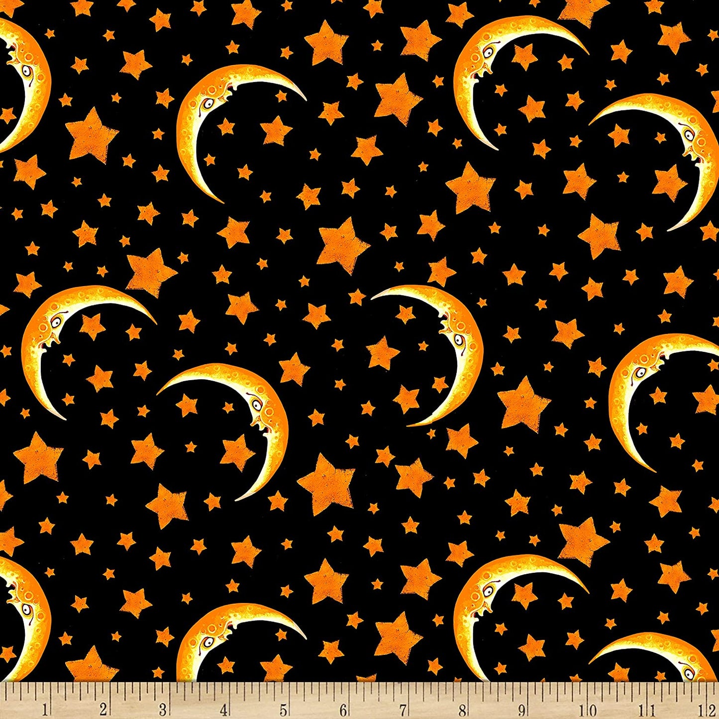 Witchful Thinking Crescent Moon and Stars Black Blank Fabrics Cotton Fabric