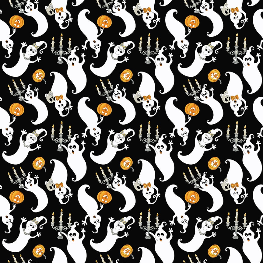 Witch Night Out Tossed Ghosts Black Glow in the Dark Delphine Cubitt Henry Glass Cotton Fabric