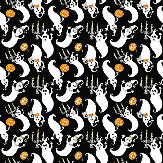 Witch Night Out Tossed Ghosts Black Glow in the Dark Delphine Cubitt Henry Glass Cotton Fabric