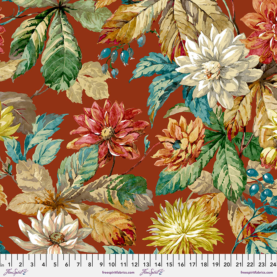 Woodland Blooms Dahlia & Rosehip Russet Red Sanderson Free Spirit Cotton Fabric | US Fabric Shop