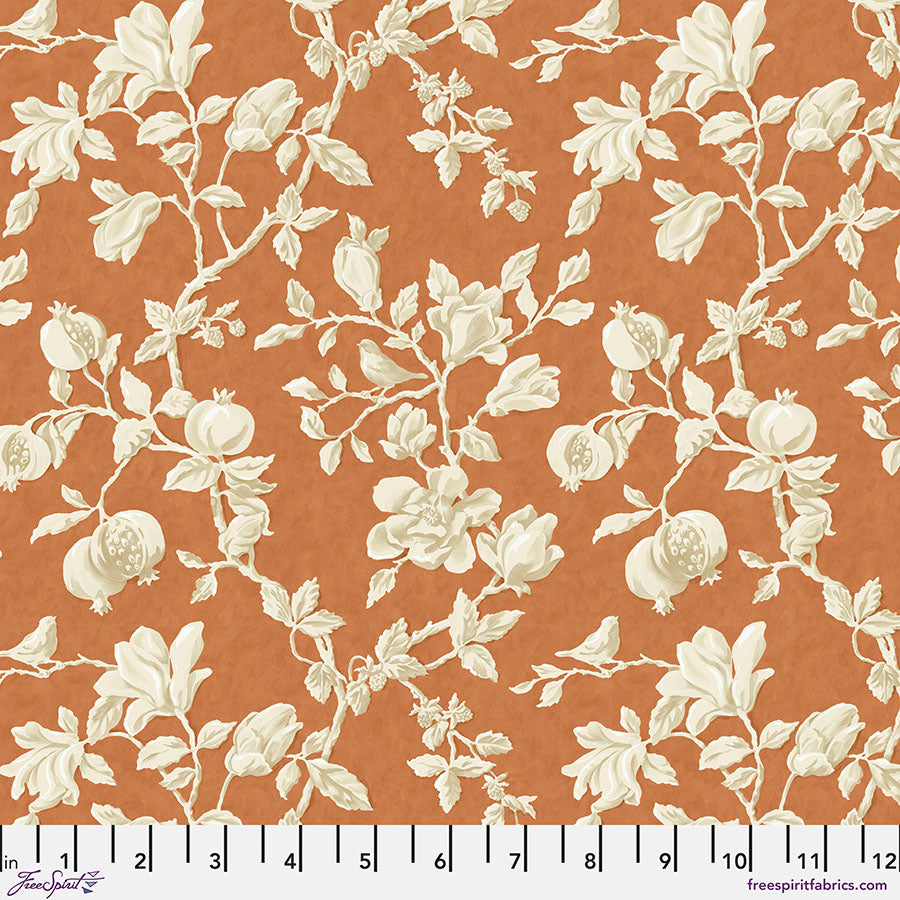 Woodland Blooms Magnolia & Pomegranate Russet Sanderson Free Spirit Cotton Fabric