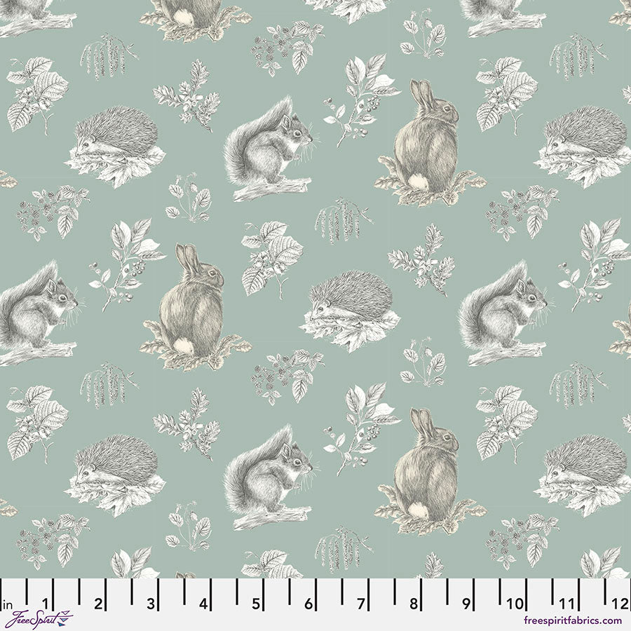 Woodland Blooms Squirrel & Hedgehog Sky Sanderson Free Spirit Cotton Fabric