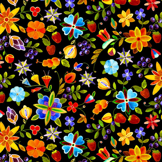 Woodland Delight Large Floral Black Daniel Ramirez Elizabeth's Studio Cotton Fabric