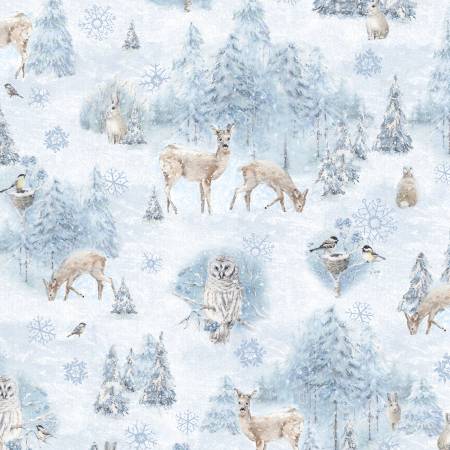 Woodland Frost Forest Animals Scenic Blue Lisa Audit Wilmington Prints Cotton Fabric