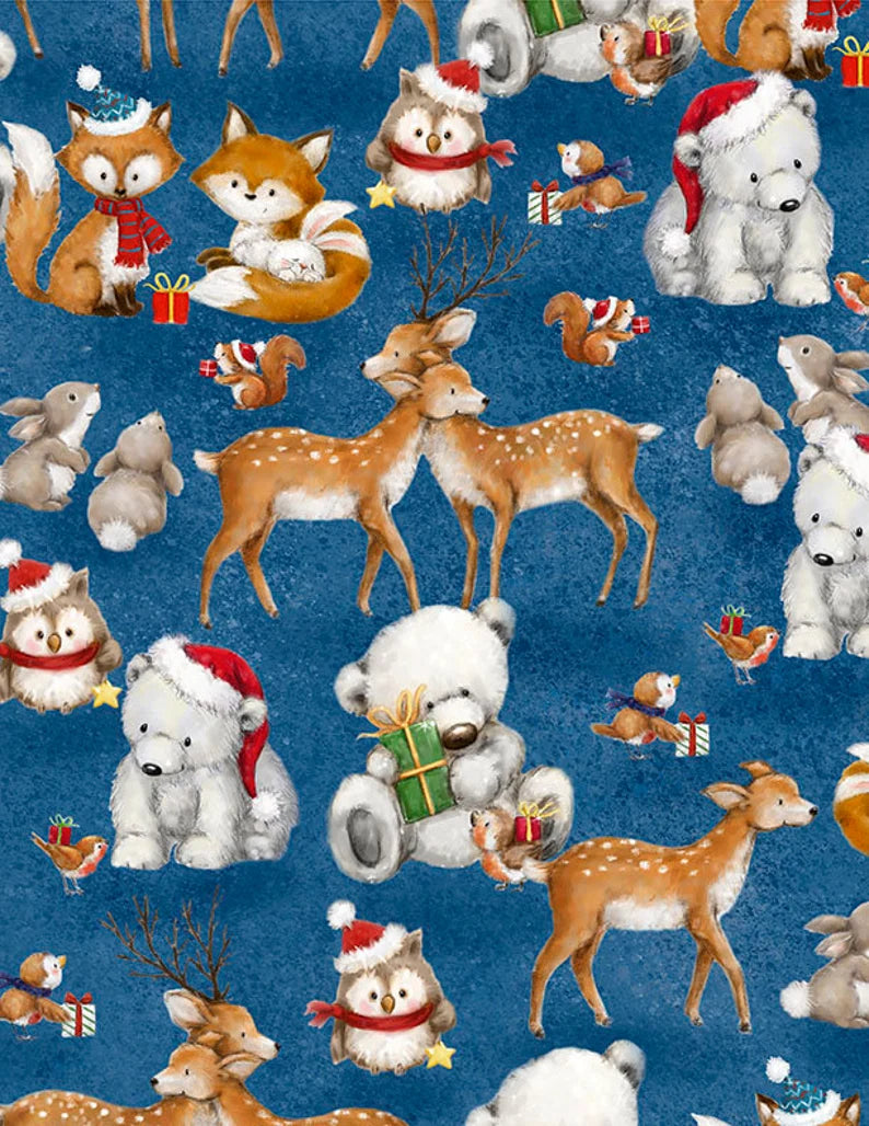 Woodland Gifts Critter Couples Blue Makiko Wilmington Prints Cotton Fabric