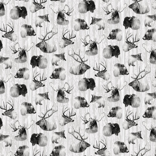 Woodland Whispers Animal Heads Gray Jan Shade Beach Henry Glass Cotton Fabric