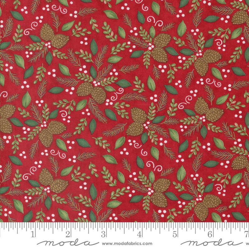 Woodland Winter Pinecones Foliage Cardinal Red Deb Strain Moda Cotton Fabric