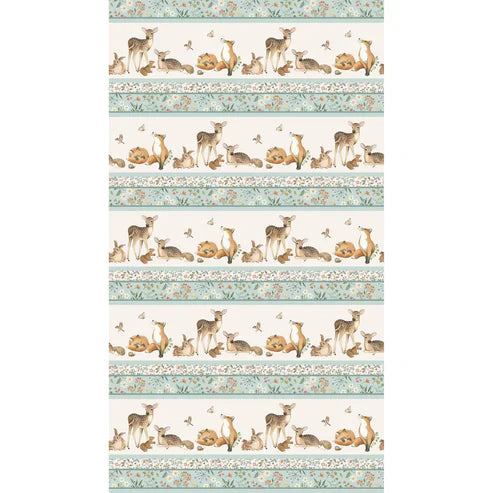 Woodland Heart Border Stripe Blue Multi Deborah Edwards & Kathryn Christensen Northcott Cotton Fabric NC-DP28721-42