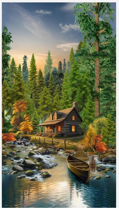 Woodland Retreat Cabin Forest Lake Panel 24" Timeless Treasures Cotton Fabric TT-PANEL-CD3830 MULTI