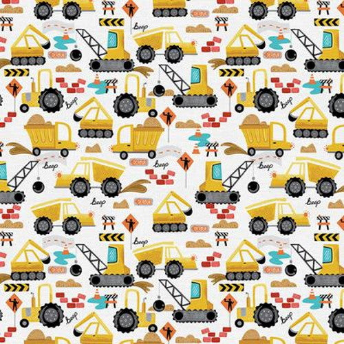 Working Wheels Construction Equipment White Paintbrush Studios Cotton Fabric PBS-120-21921