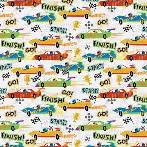 Working Wheels Race Cars and Words White Paintbrush Studios Cotton Fabric PBS-120-21922
