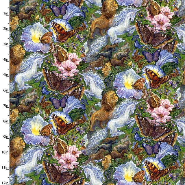World of Wonder Floral and Butterflies Green Josephine Wall 3 Wishes Cotton Fabric