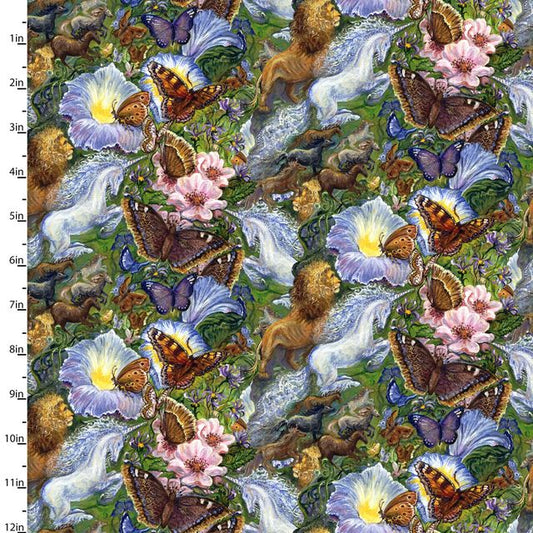 World of Wonder Floral and Butterflies Green Josephine Wall 3 Wishes Cotton Fabric