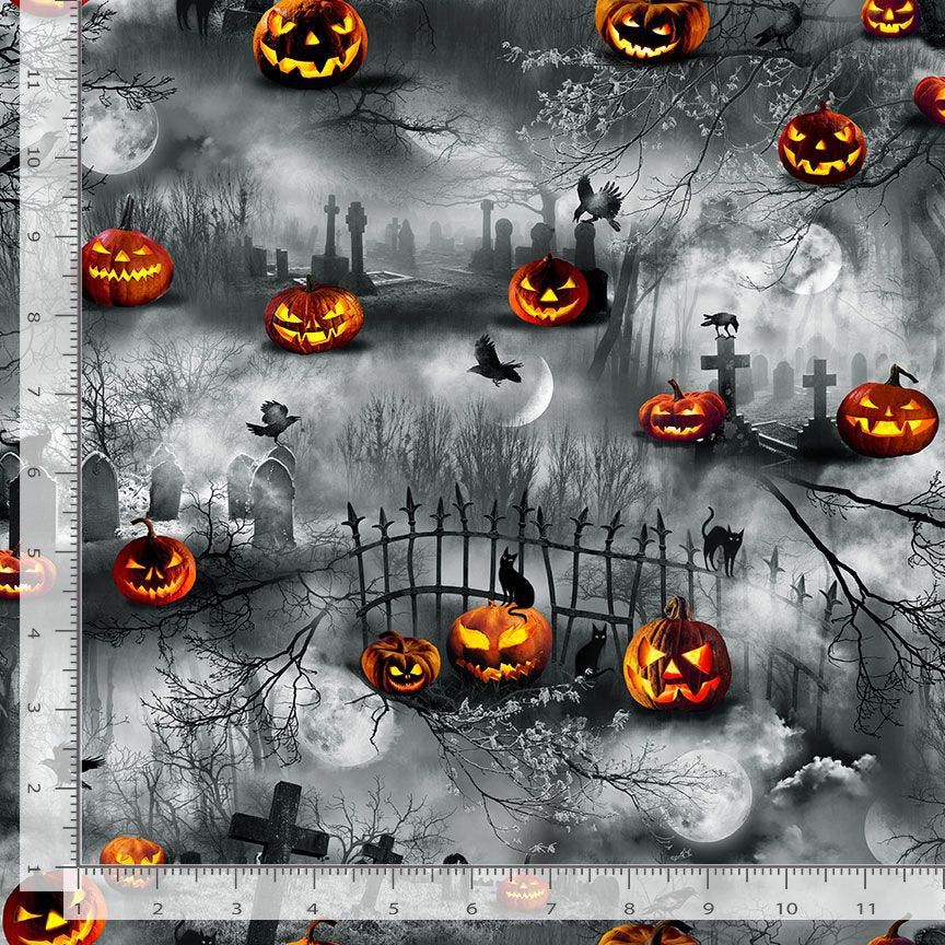 Wicked Graveyard Pumpkin Garden Grey Timeless Treasures Cotton Fabric