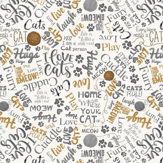 You Had Me at Meow Ball of Yarn and Text Natural White Timeless Treasures Cotton fabric