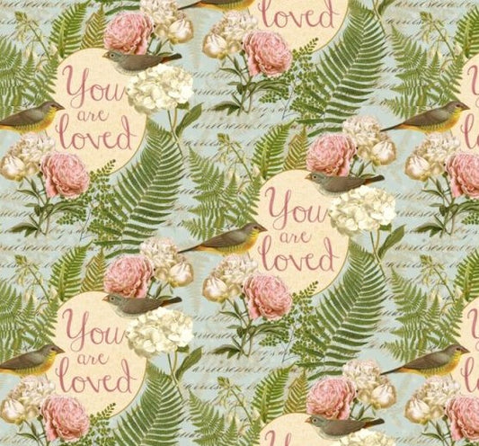 You are Loved Birds Floral Text Blue David Textiles Cotton Fabric