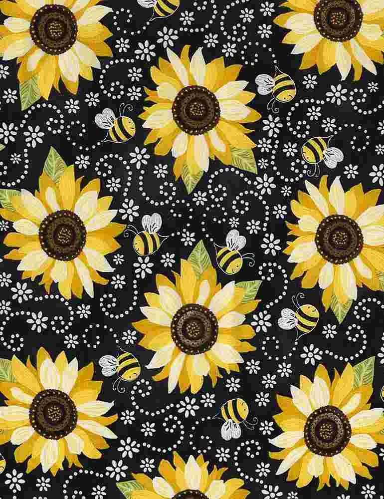 You are my Sunshine Sunflower & Bee in Black Gail Cadden Timeless Treasures Cotton Fabric