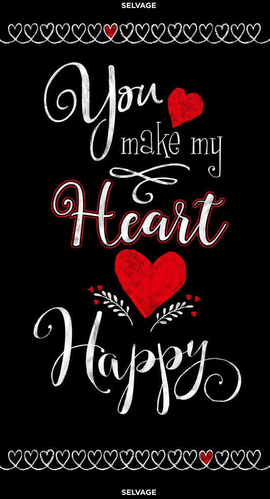 You Make My Heart Happy Panel 24" Black Gail Cadden Timeless Treasures Cotton Fabric
