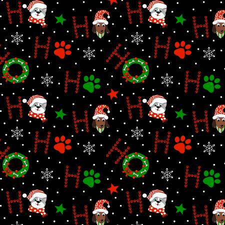 Yule Cool Merry Woofmass To All Black Freckle and Lollie Cotton Fabric