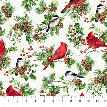 Yuletide Traditions Birds White Multi Deborah Edwards Northcott Cotton Fabric