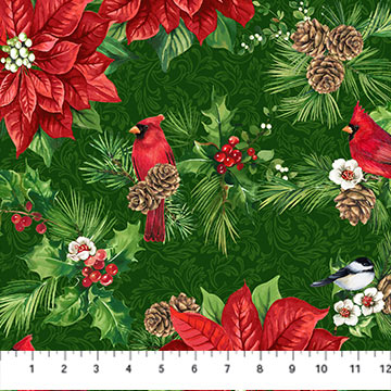 Yuletide Traditions Poinsettia Birds Green Multi Deborah Edwards Northcott Cotton Fabric