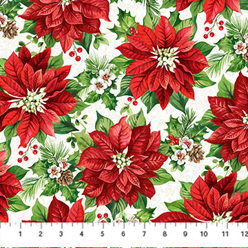 Yuletide Traditions Poinsettia Packed White Multi Deborah Edwards Northcott Cotton Fabric