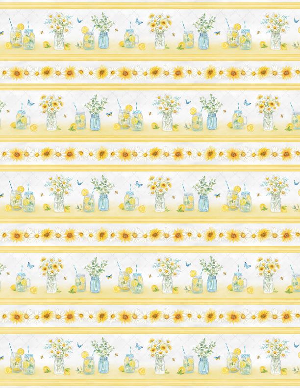 Zest Life Border Stripe Lemon Floral Multi Cynthia Coulter Wilmington Prints Cotton Fabric