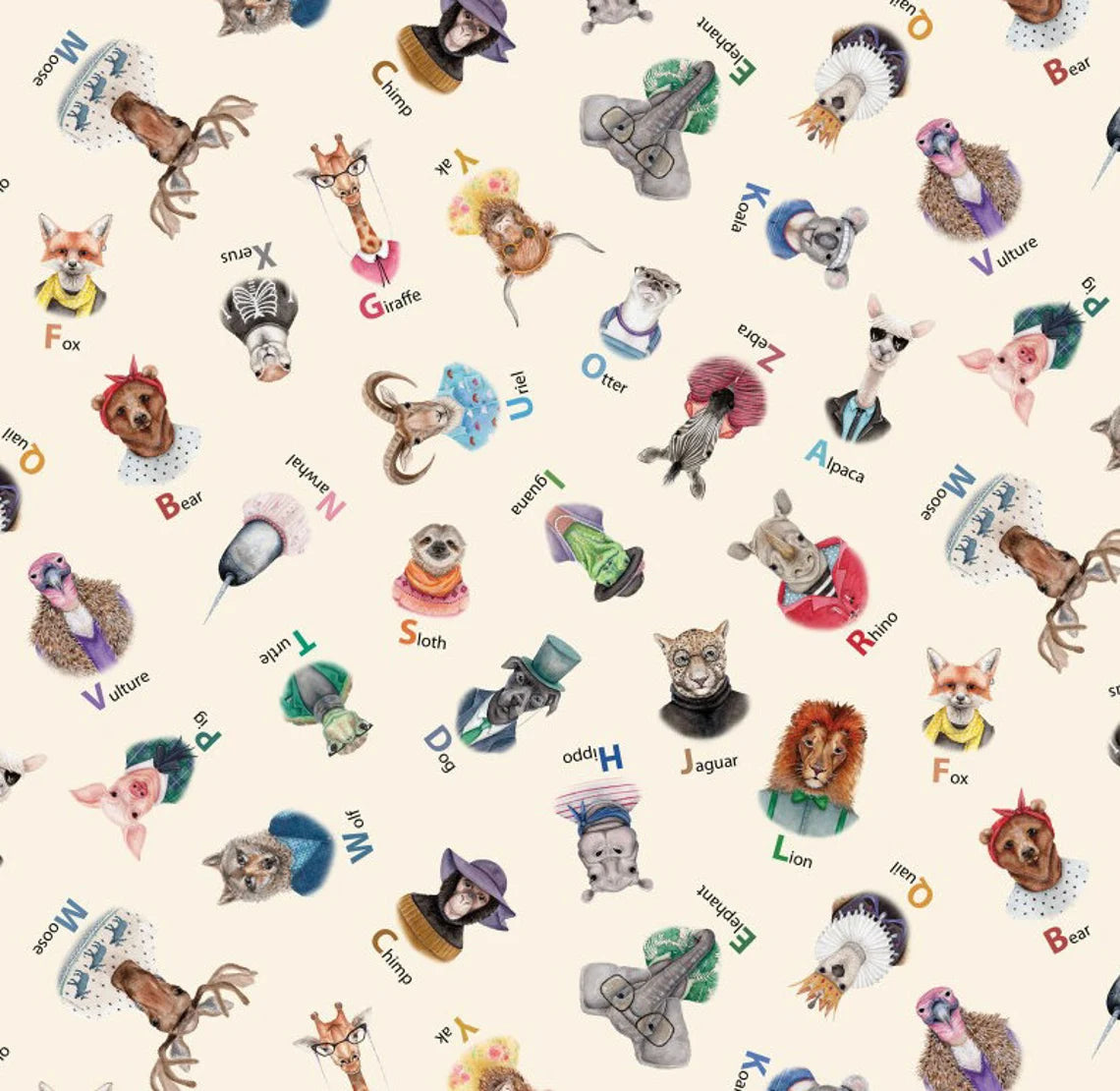 Zootopia A-Z Alphabet Animals Tossed Beige Elizabeth's Studio Cotton Fabric