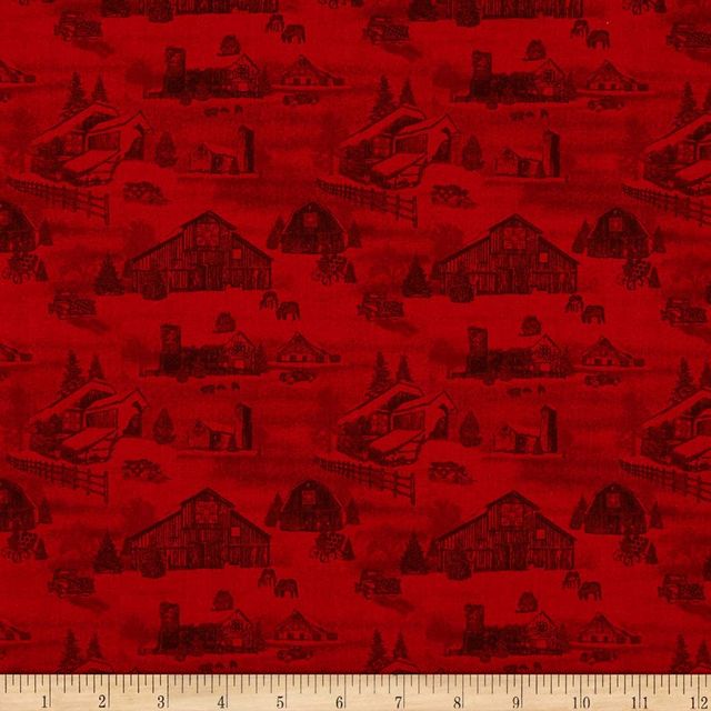 Holiday Heartland Monotone Barns Red Henry Glass Cotton Fabric