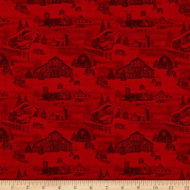 Holiday Heartland Monotone Barns Red Henry Glass Cotton Fabric | US Fabric Shop