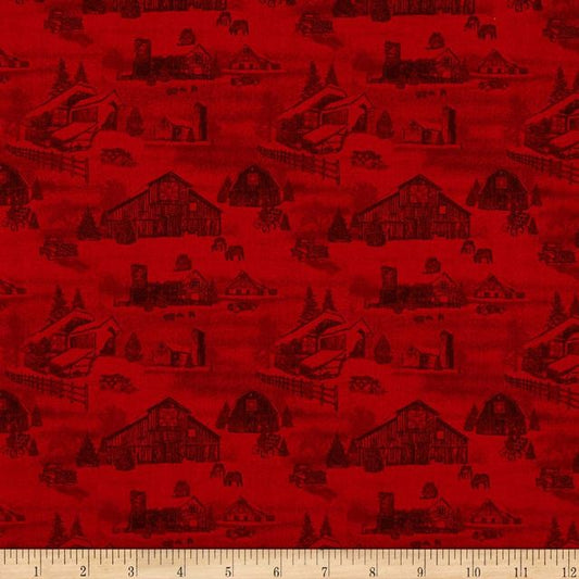 Holiday Heartland Monotone Barns Red Henry Glass Cotton Fabric