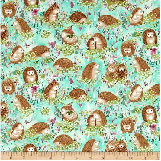 Hedgehog Village Hedgehogs Turquoise Paintbrush Studios Fabri Quilt Cotton Fabric