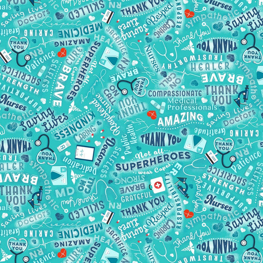 Medical Heroes Thanks Collage Aqua Timeless Treasures Cotton Fabric