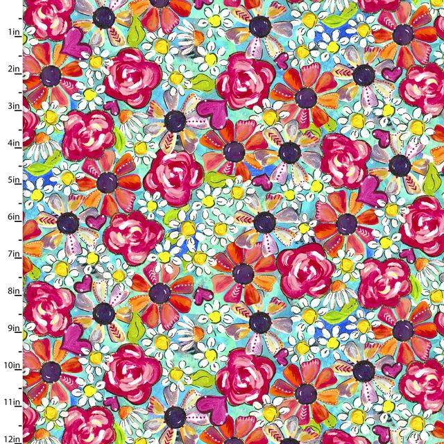 Joy Blooms Flowers Turquoise Bethany Joy 3 Wishes Cotton Fabric