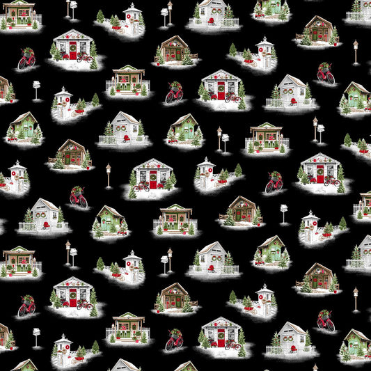 Holiday Happy Place She Sheds Allover Black Jan Shade Beach Henry Glass Cotton Fabric