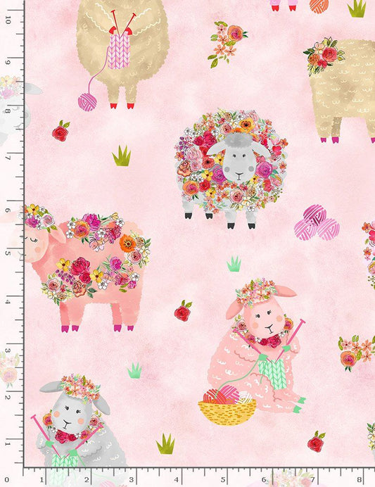 Knitting Goddess Knitting Sheep Flowers Pink Gail Cadden Timeless Treasures Cotton Fabric