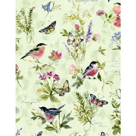 Among the Branches Large Birds and Butterflies All Over Green Susan Winget Wilmington Prints Cotton Fabric