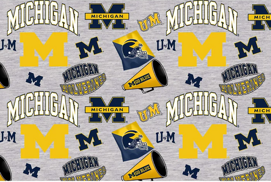 Michigan University Wolverines NCAA Mascot Allover Heather Gray Sykel Cotton Fabric MCHG-1164