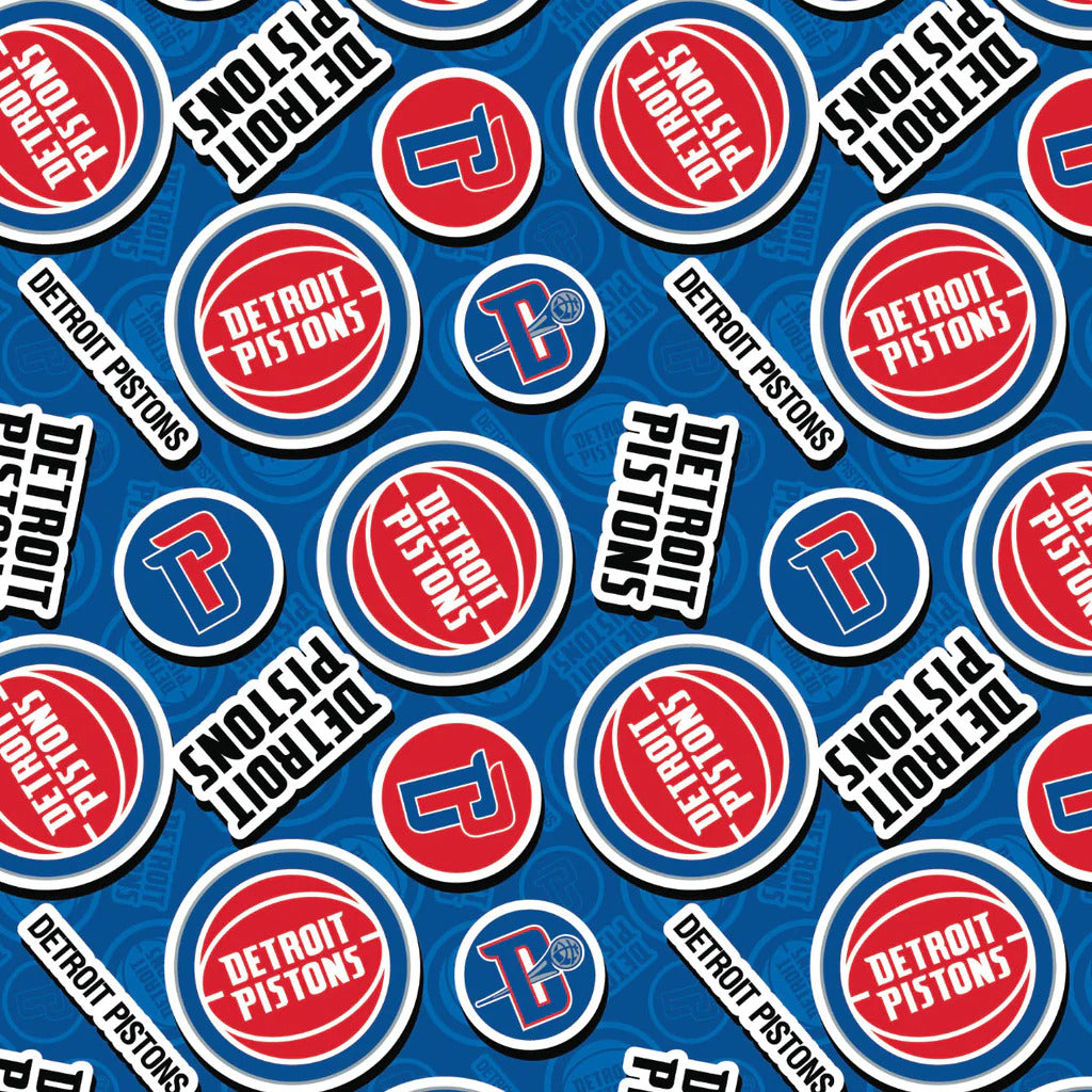 Detroit Pistons NBA Basketball 2023 Sticker Toss Blue Camelot Cotton Fabric