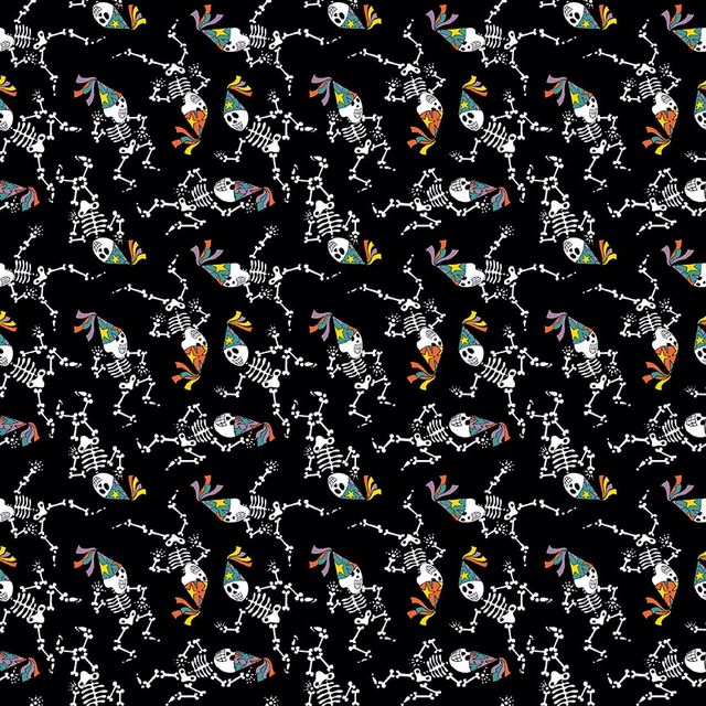 Witch Night Out Dancing Skeletons Black Glow in the Dark Delphine Cubitt Henry Glass Cotton Fabric