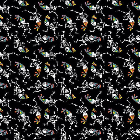 Witch Night Out Dancing Skeletons Black Glow in the Dark Delphine Cubitt Henry Glass Cotton Fabric