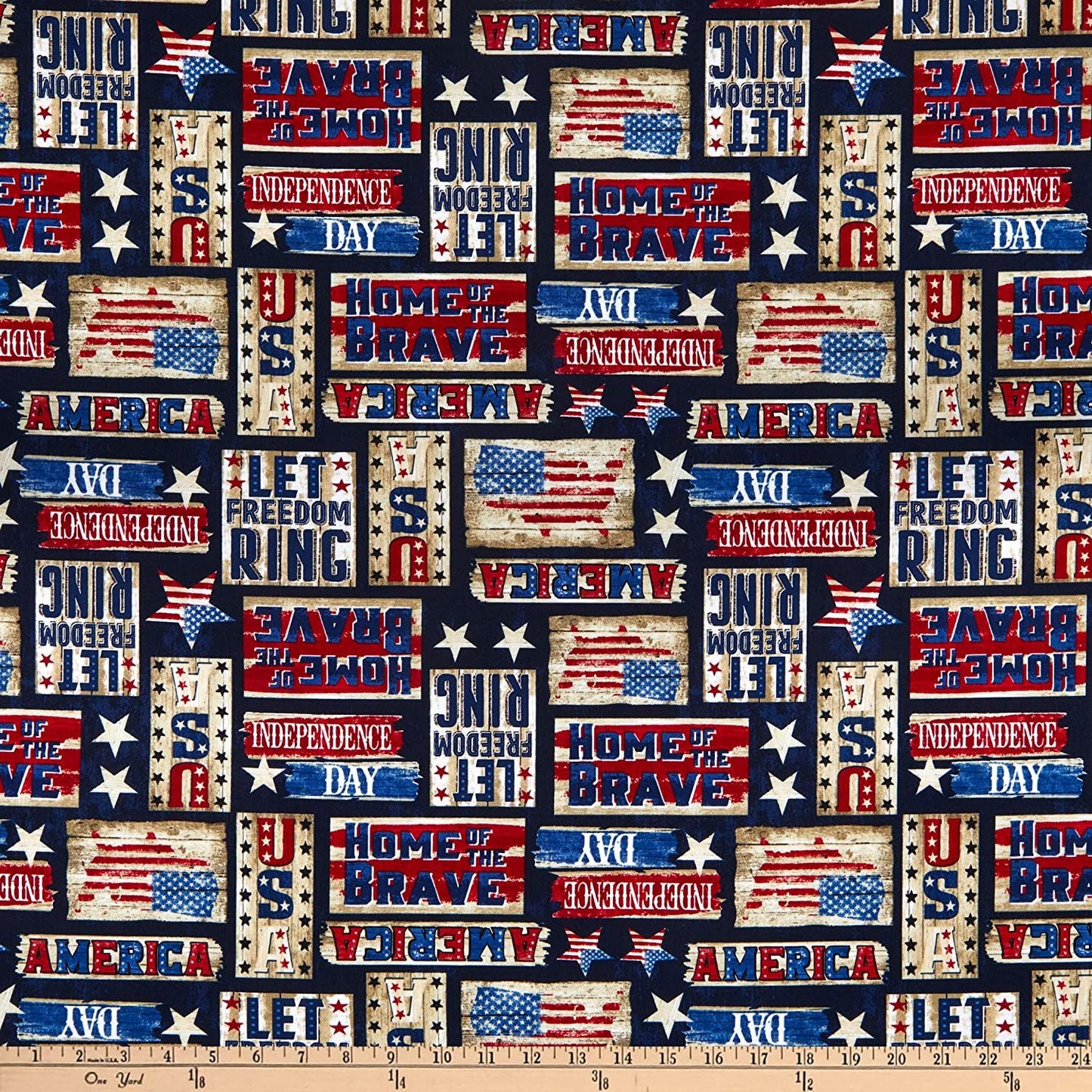 Let Freedom Ring Patriotic Rustic Signs Navy Timeless Treasures Cotton Fabric