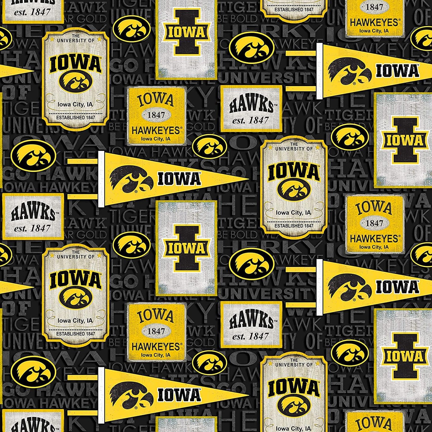 Iowa Hawkeyes NCAA College Vintage Pennant Sykel Cotton Fabric