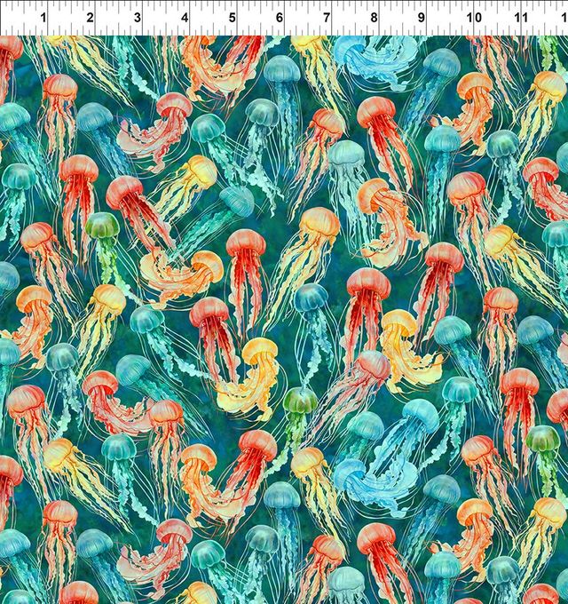 Calypso II Jellyfish Teal Jason Yenter The Beginning Cotton fabric