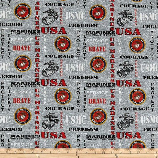 Marines Military Armed Forces The Few The Proud Brave Seal Heather Allover Sykel Cotton Fabric